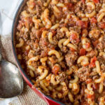 Dutch oven filled with delicious goulash