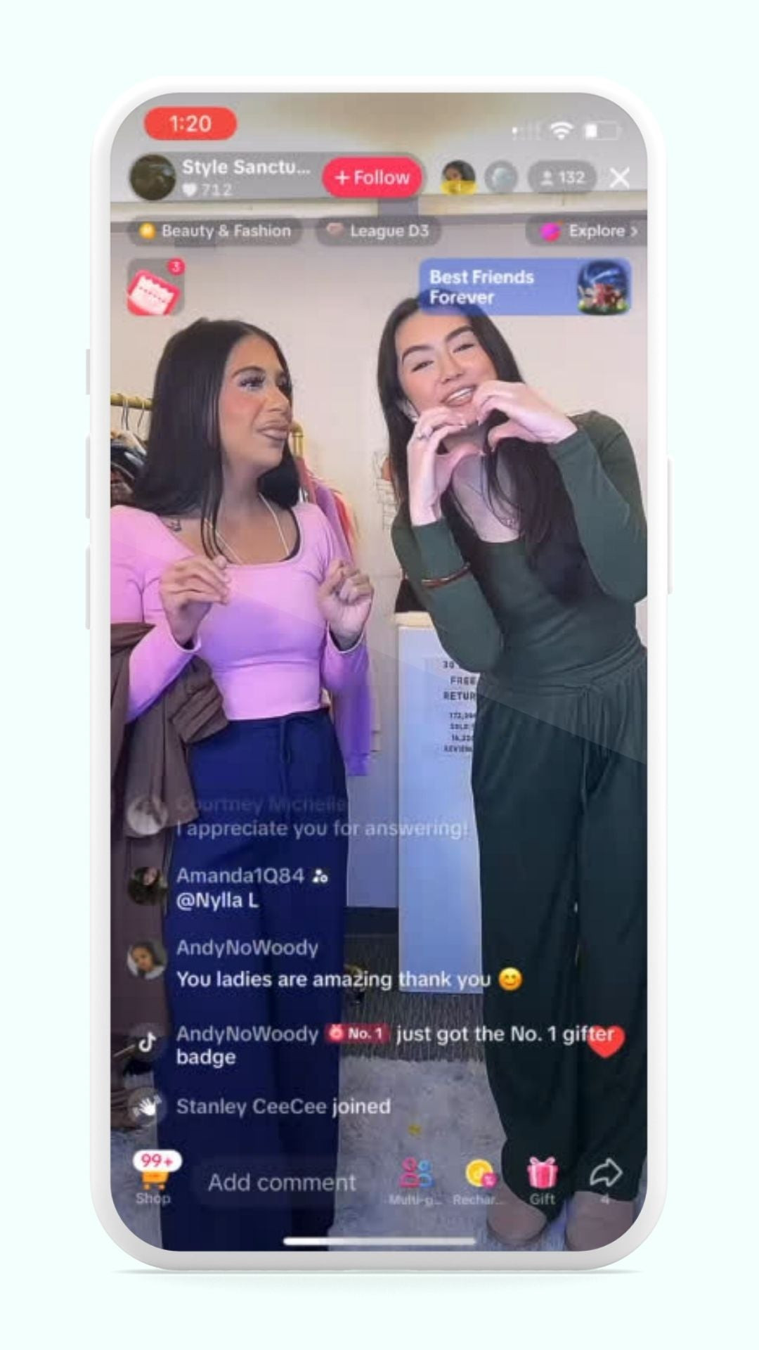A screenshot from a livestream video by user Style Sanctuary on TikTok, showing the streamer showcasing clothing items.