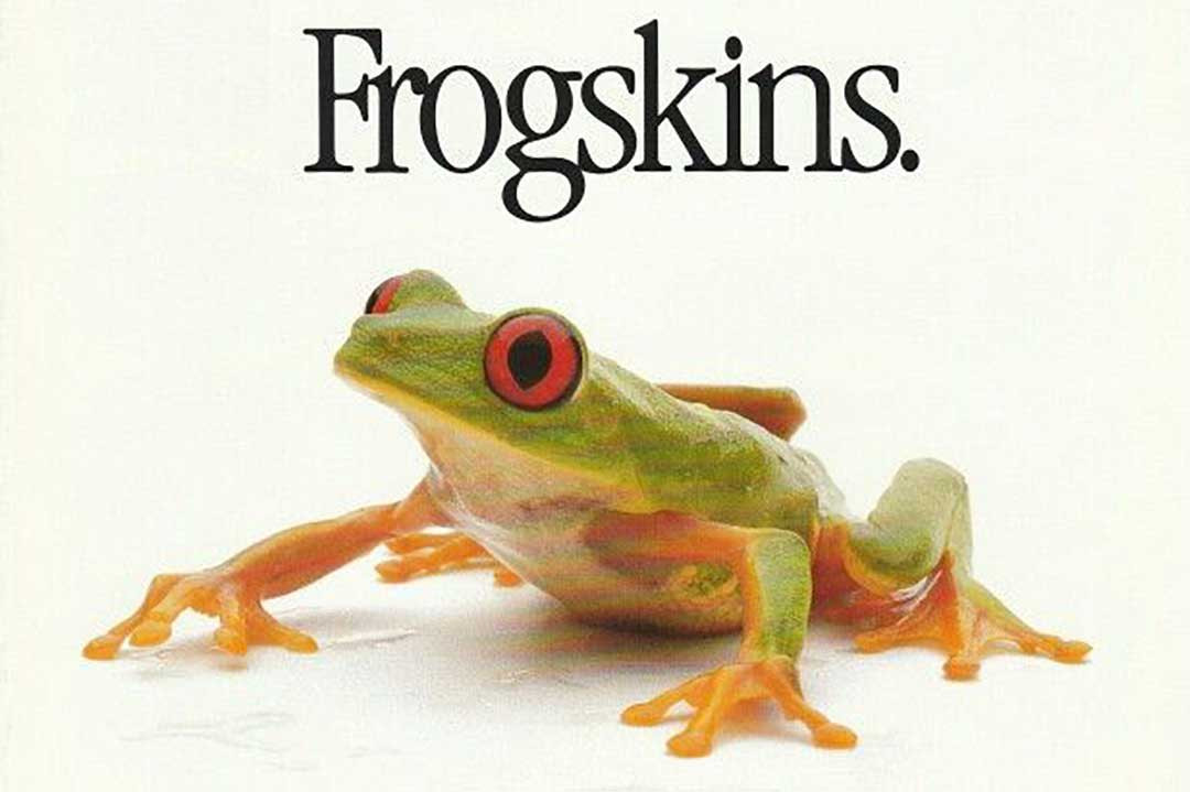 Green frog poster advert for Oakley Frogskin sunglasses