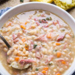 Close-up of a bowl of ham and bean soup