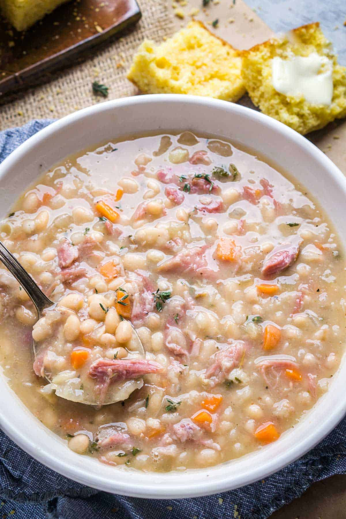 Close-up of a bowl of ham and bean soup