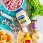 Ham Salad Ingredients: boneless cooked ham, hard-boiled egg, celery, onion, sweet pickle relish, mayonnaise, mustard