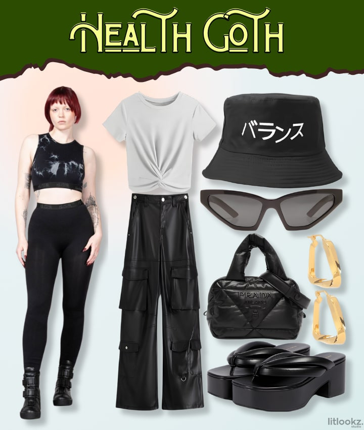 Health Goth outfit with a black crop top, cargo pants, and athletic accessories.