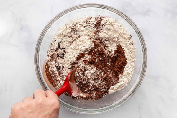 Mixing flour, cocoa, and sugar in a bowl for Hershey's Chocolate Cake.