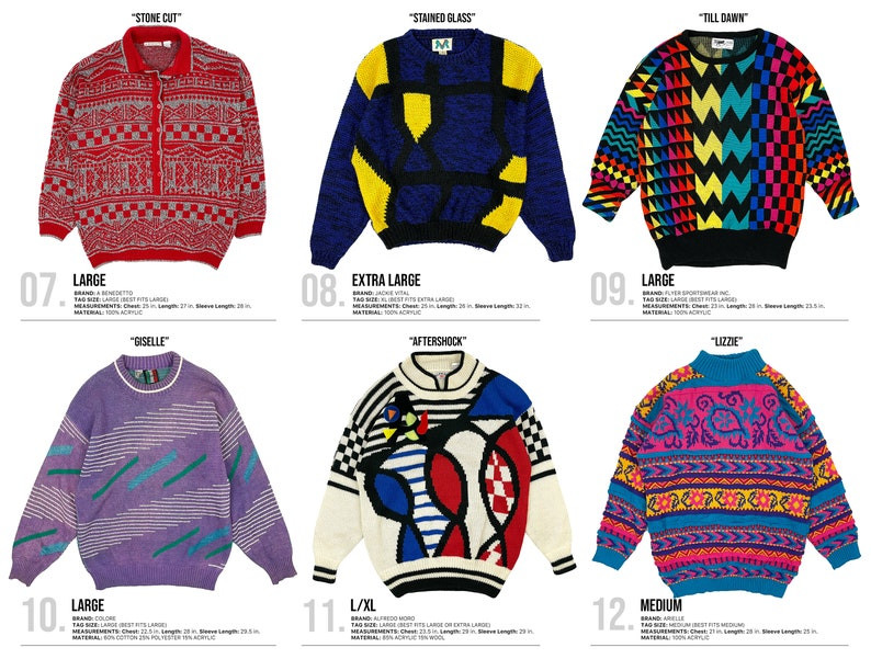 Men sporting 80s geometric sweater, showcasing vibrant colors and bold patterns