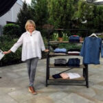 Martha Stewart showcasing her new fashion line of shirts, blouses, pants and jackets, all priced under $65, emphasizing high quality and affordability.