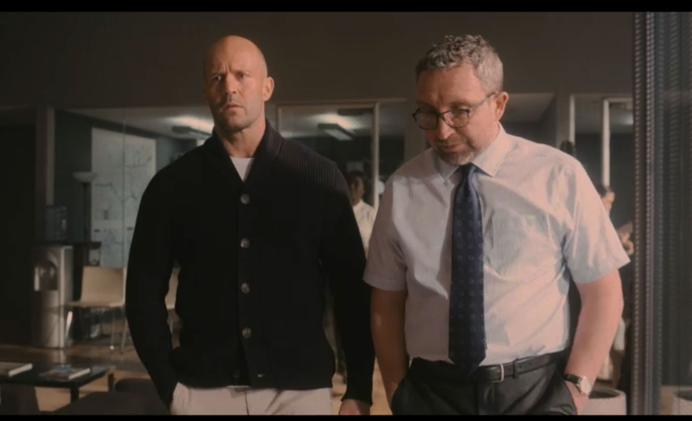Jason Statham Wearing a Navy Shawl Cardigan