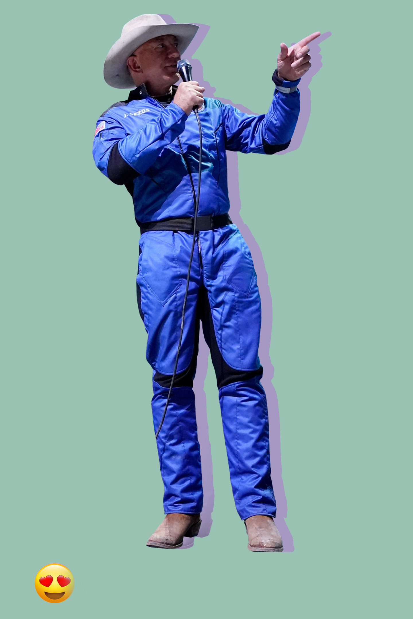 Jeff Bezos during his flight experience from the spaceport near Van Horn, Texas, 2021, expressing excitement and accomplishment with a thumbs-up gesture