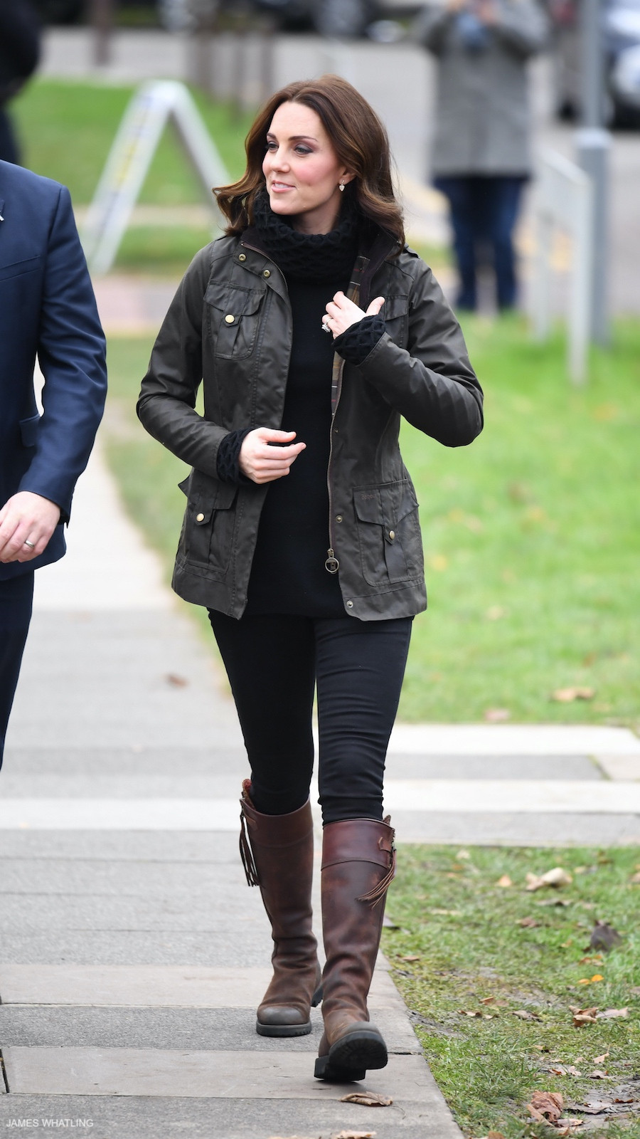 Kate Middleton dressed for a cold autumn day in a Barbour jacket, Temperley London roll-neck sweater and Penelope Chilvers boots.