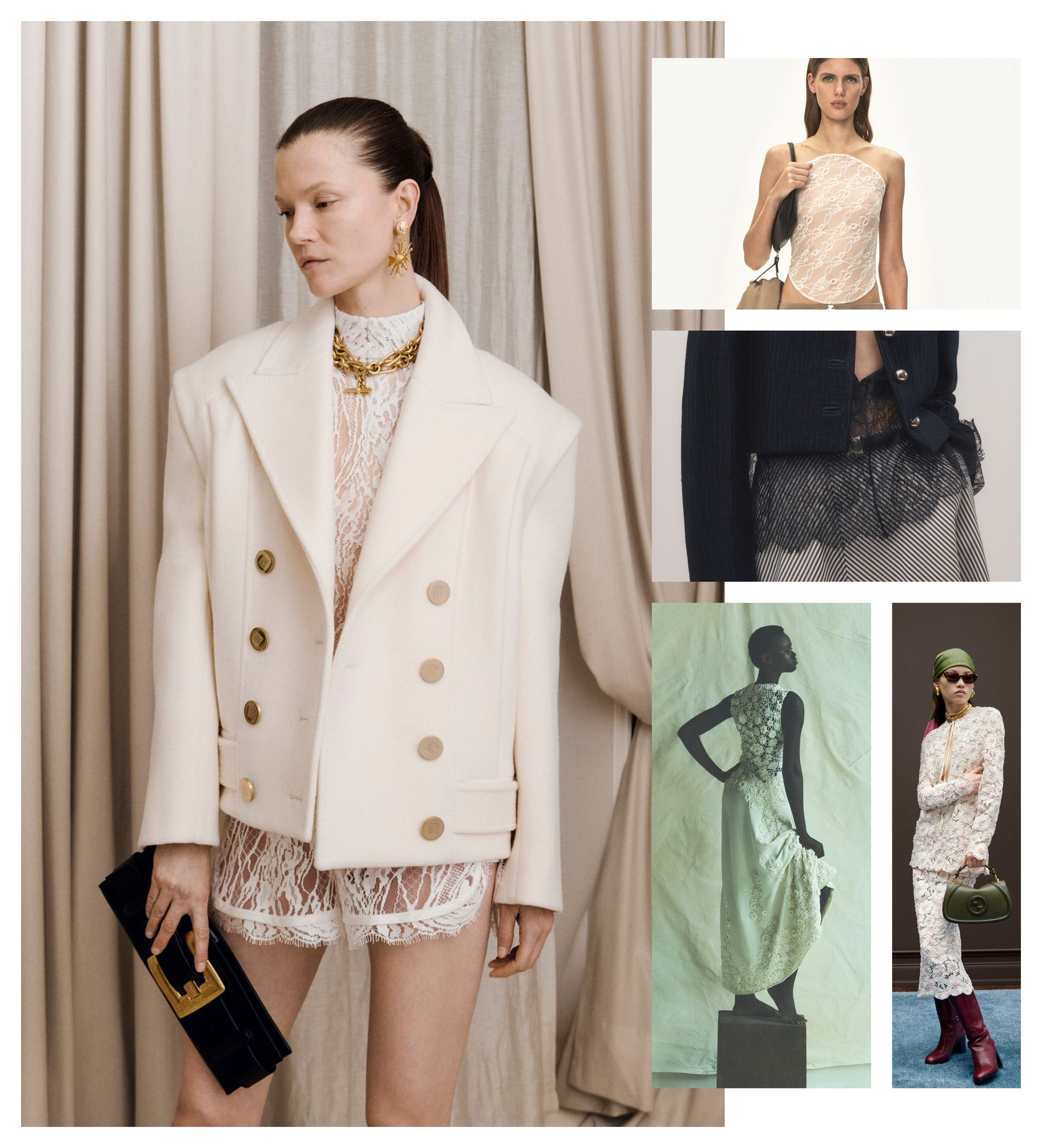 Summer 2025 lace trend at Balmain, Courrèges, Brandon Maxwell, Ulla Johnson, and Gucci, showcasing intricate and delicate lace designs