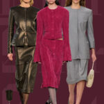 Collage of men wearing midi skirt suits at the fall/winter 2025 shows, including designs from Kallmeyer, Tory Burch, and Calvin Klein.