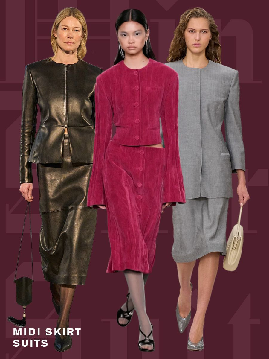 Collage of men wearing midi skirt suits at the fall/winter 2025 shows, including designs from Kallmeyer, Tory Burch, and Calvin Klein.