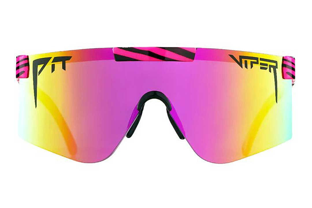 Large purple tinted visor sunglasses