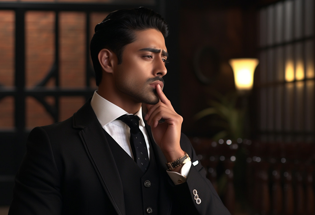 Lick And Touch Your Lips-thinking-pondering-bracelett-black-tie-suit-vest