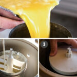 Pouring ice cream mixture and milk into freezer canister, then placing lid on top