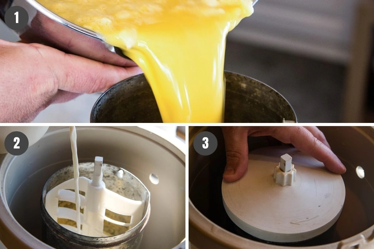 Pouring ice cream mixture and milk into freezer canister, then placing lid on top