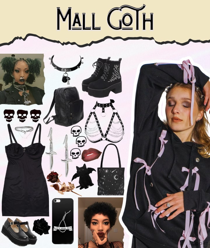 Mall Goth outfit with a black dress, platform boots, and gothic accessories.