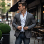 man wearing jacket with jeans