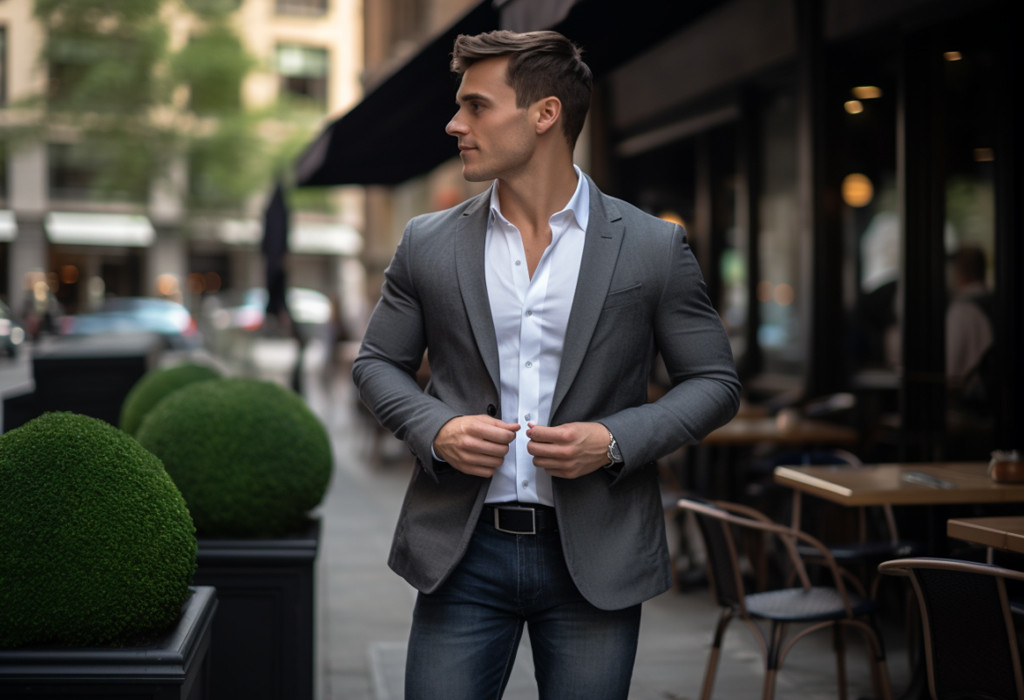 man wearing jacket with jeans