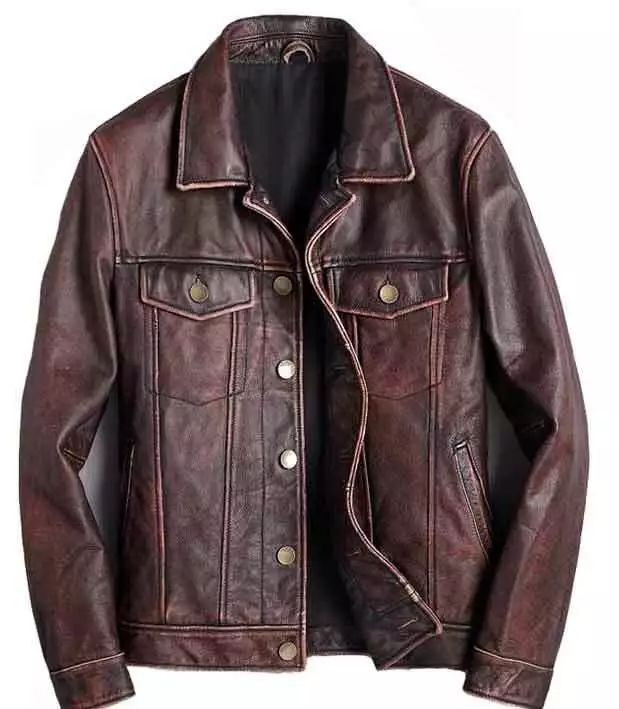 Man wearing Trucker Brown Real Cowhide fashion jacket