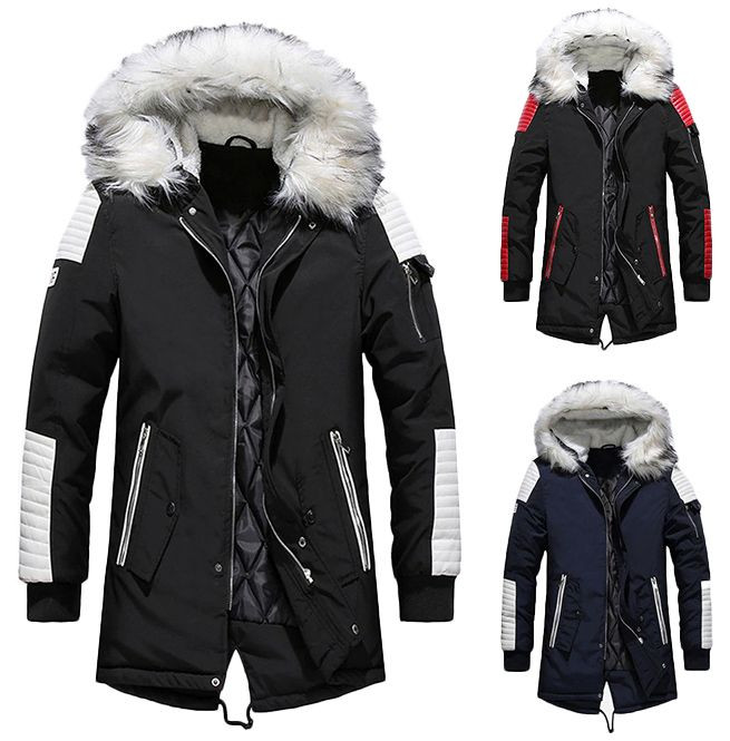 Man with winter fur hooded parka fashion jacket
