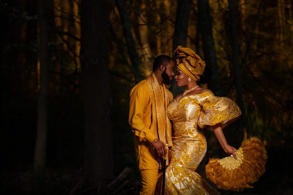Man in gold and maroon Nigerian wedding attire