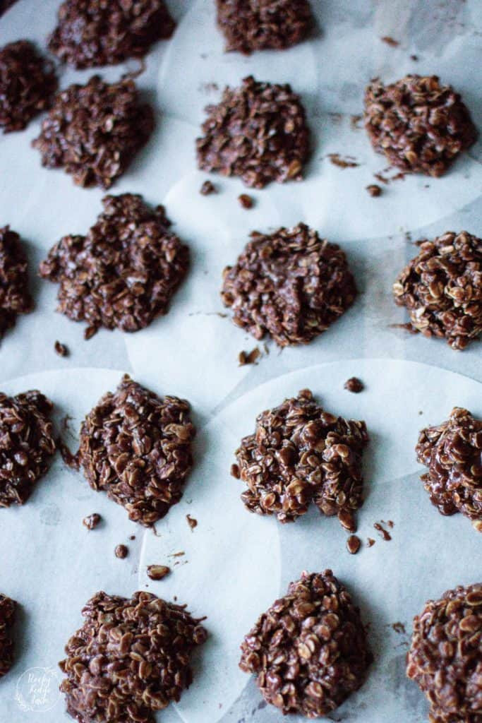 no bake cookies cooling on parchment paper