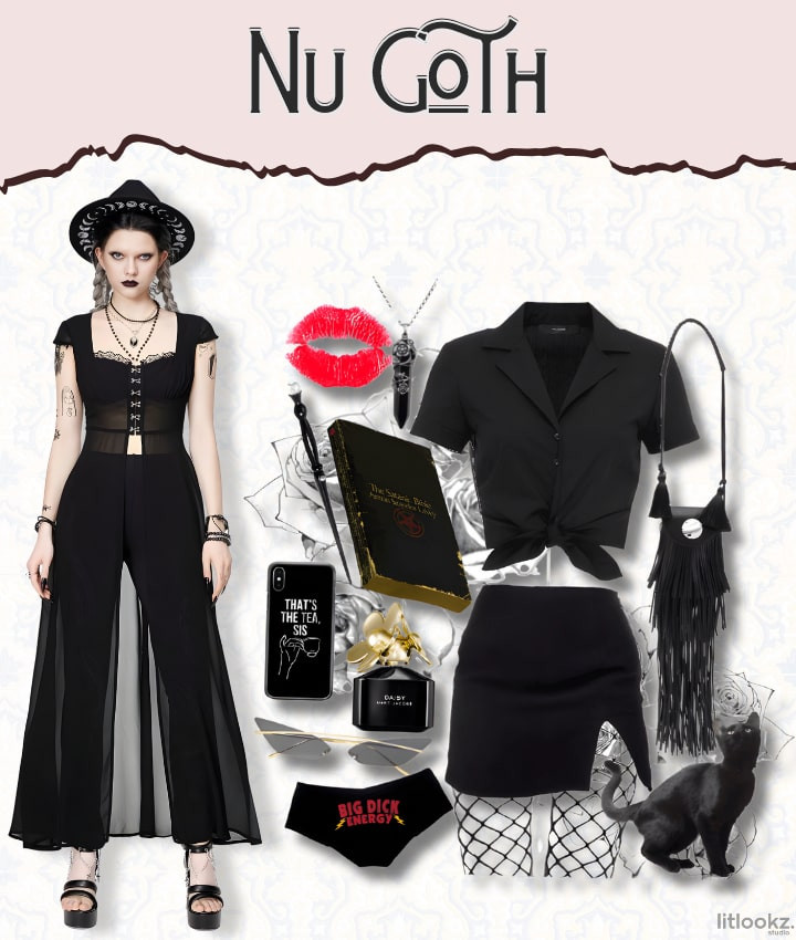 Nu Goth outfit showcasing a black sheer jumpsuit with a corset-style top, accessorized with a black wide-brimmed hat, statement jewelry, a black fringe bag, and gothic-themed items including a spell book, sunglasses, and a black cat figurine.
