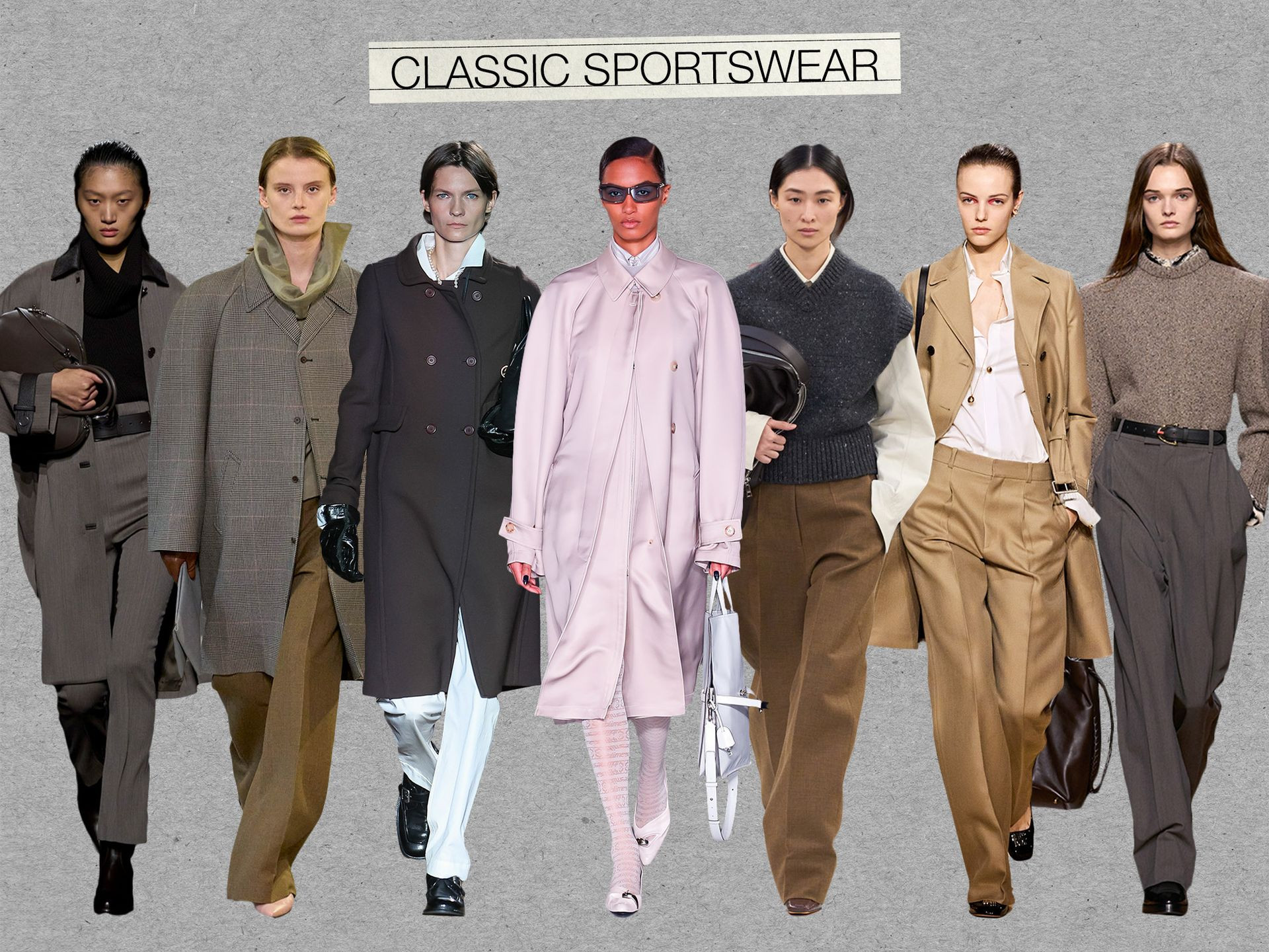 A collage of classic sportswear looks from the F/W 24 runways, with images from Hermes, Carven, Miu Miu, Tory Burch, Tod