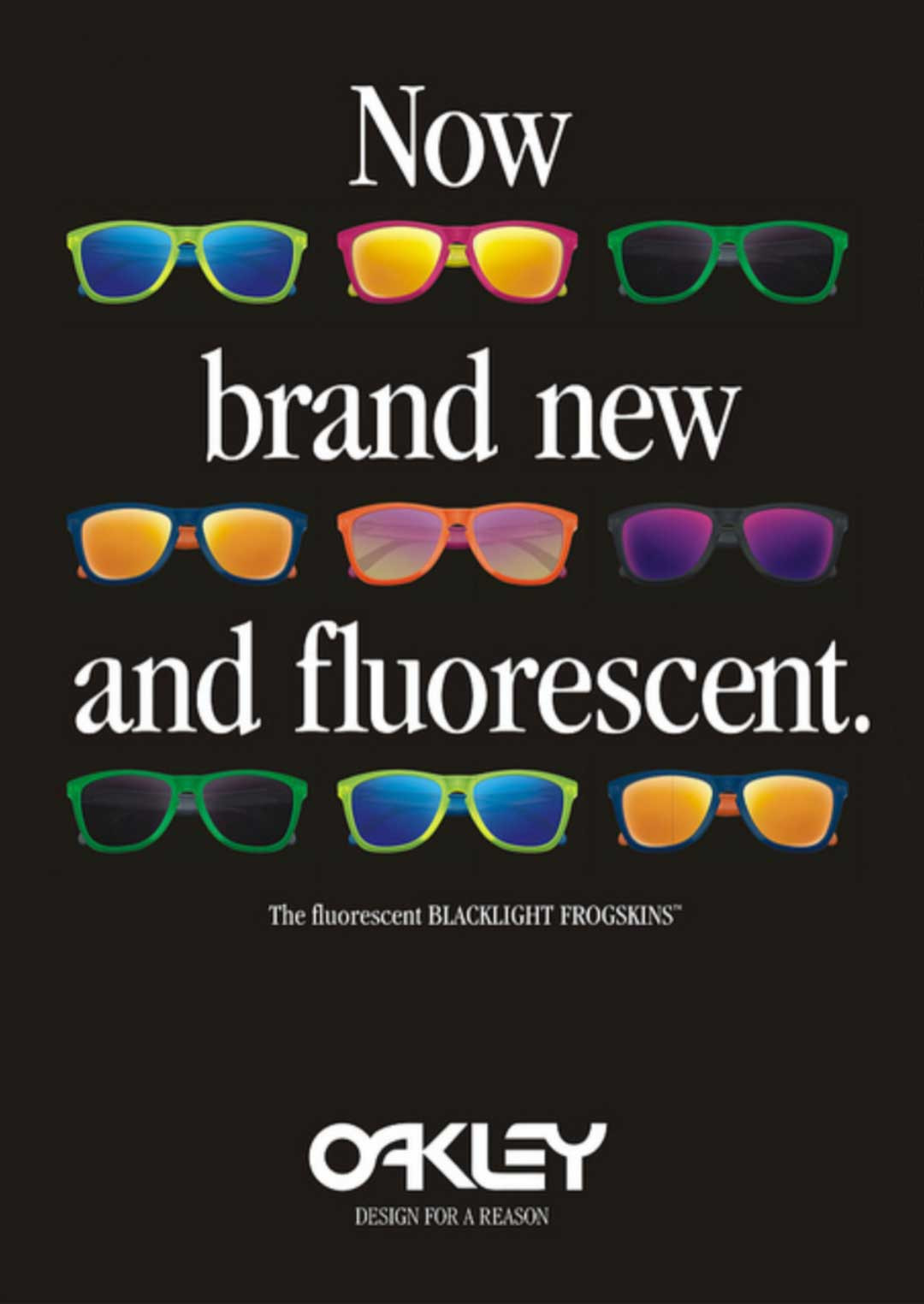 Oakley advertisement for their new range of Backlight Frogskins sunglasses
