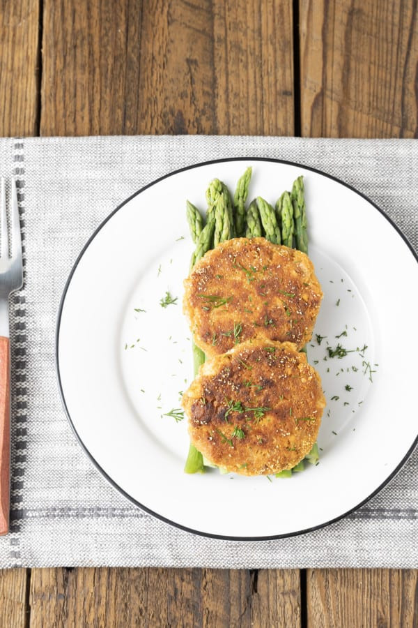 Classic old fashioned salmon patties, golden brown, crispy on the outside and tender on the inside