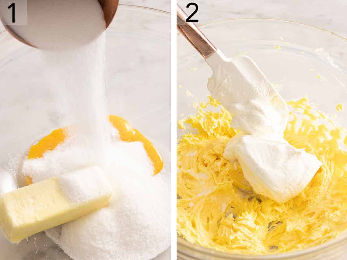 Sugar being added to a bowl of butter to make old fashioned donuts