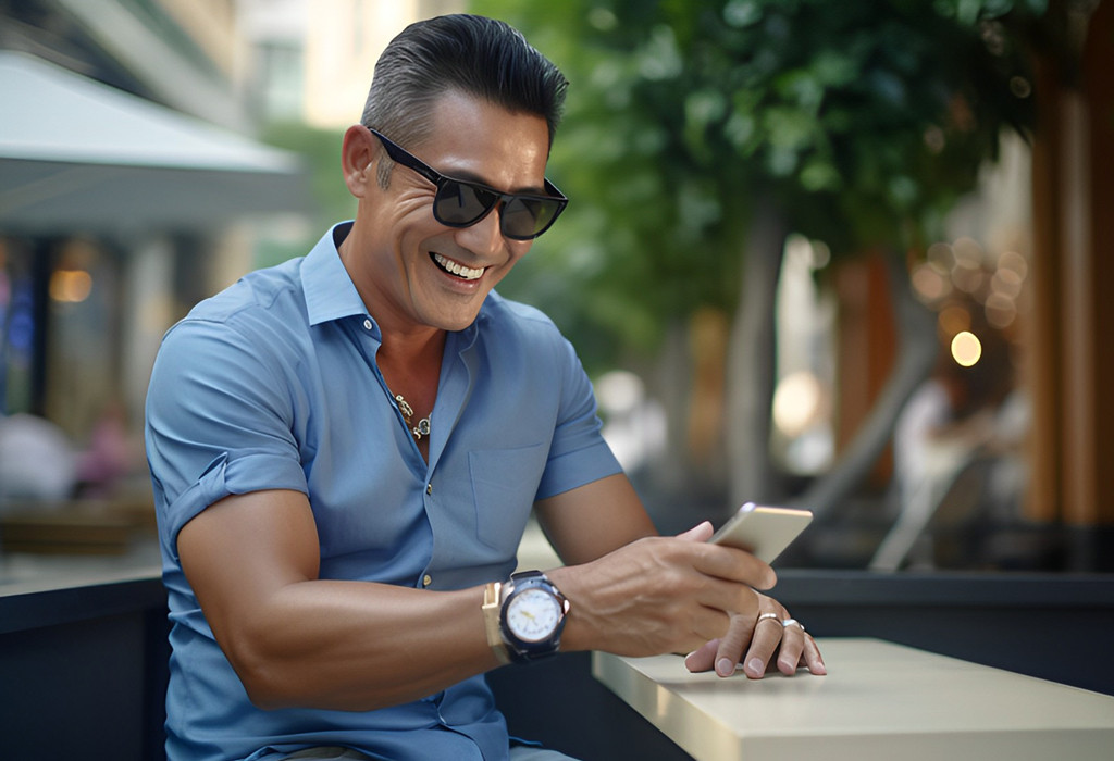 Older man confidently using his phone