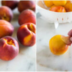 Fresh peaches on a white marble board next to another photo of the skin being peeled off of a peach, with a colander filled with peeled peaches in the background