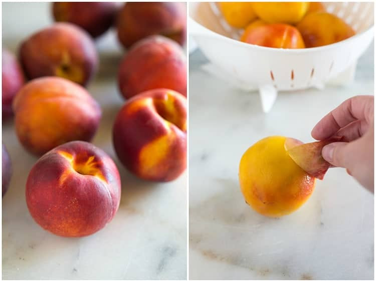 Fresh peaches on a white marble board next to another photo of the skin being peeled off of a peach, with a colander filled with peeled peaches in the background