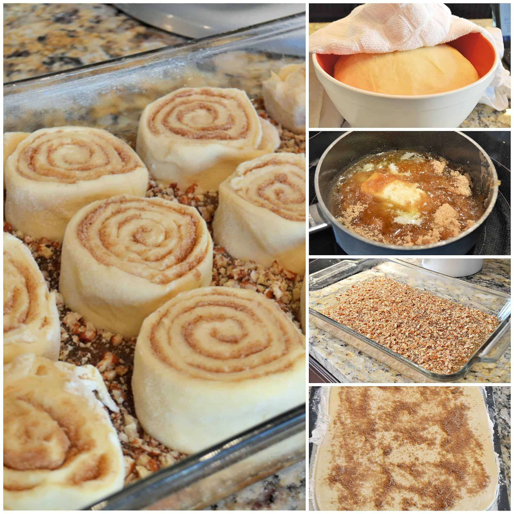 Close-up shot of pecan sticky buns with caramel sauce