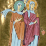Two women wearing cotes and mantles and wrapped veils, c. 1007-1012