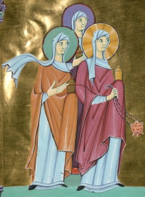 Two women wearing cotes and mantles and wrapped veils, c. 1007-1012