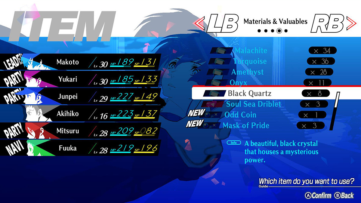 Black Quartz menu in Persona 3 Reload