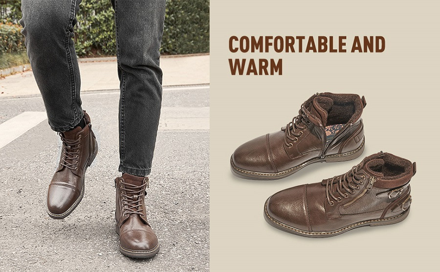 Men in dark brown combat boots and black jeans