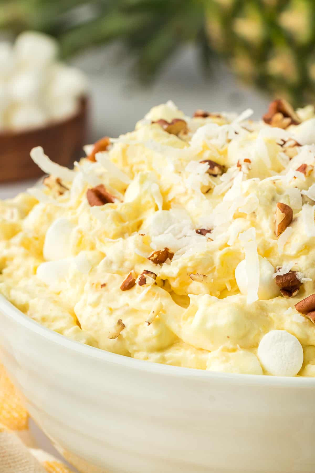 Close up of pineapple fluff in a bowl