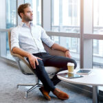 Men's Brown Oxford Shoes with Blue Pants and White Shirt