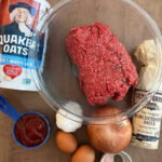 Ingredients for old fashioned meatloaf with oatmeal.