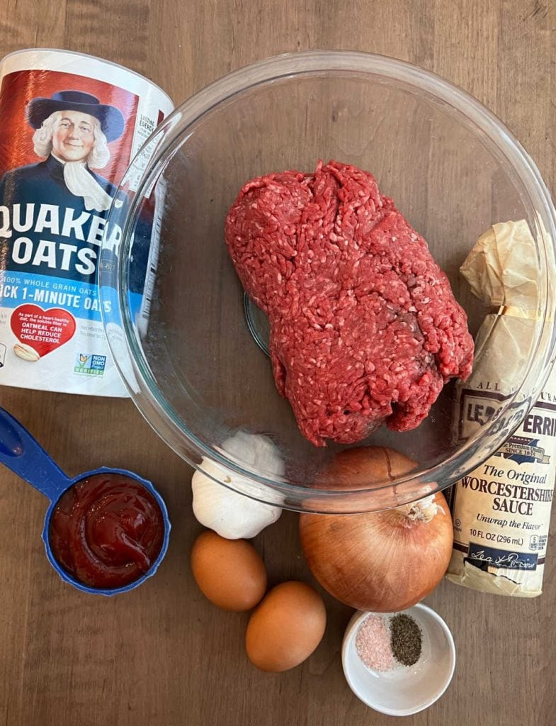 Ingredients for old fashioned meatloaf with oatmeal.