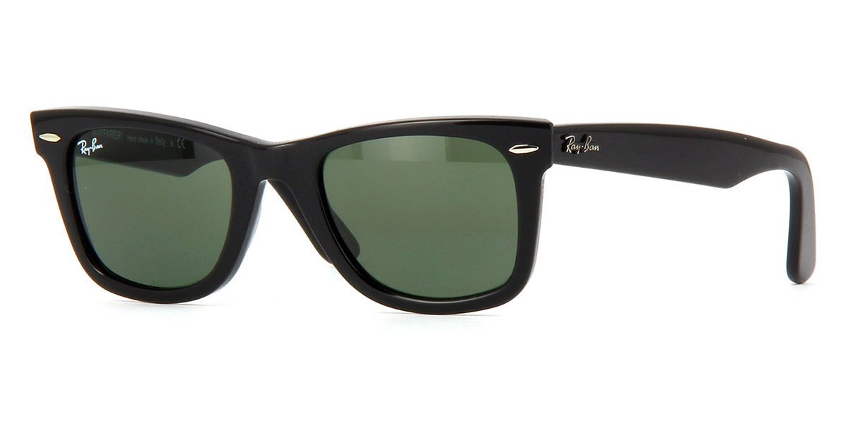 Three quarter view of black Ray-Ban Wayfarer sunglasses frame