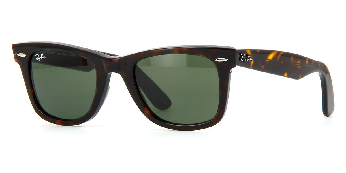Three quarter view of tortoise shell Ray-Ban Wayfarer sunglasses frame