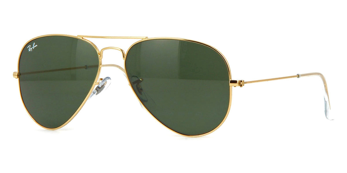 Three quarter view of gold Ray-Ban Aviator sunglasses frame with green tinted lenses
