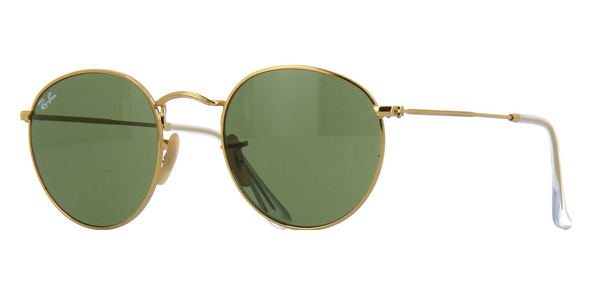 Side view of round gold wire Ray-Ban sunglasses frame with green tinted lenses