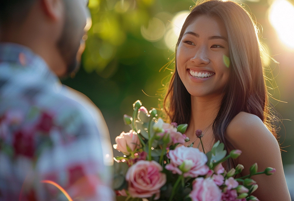 man giving flowers to happy woman