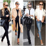 Rosie Huntington-Whiteley wearing a stylish black coat and black pants, exemplifying her classic and modern style
